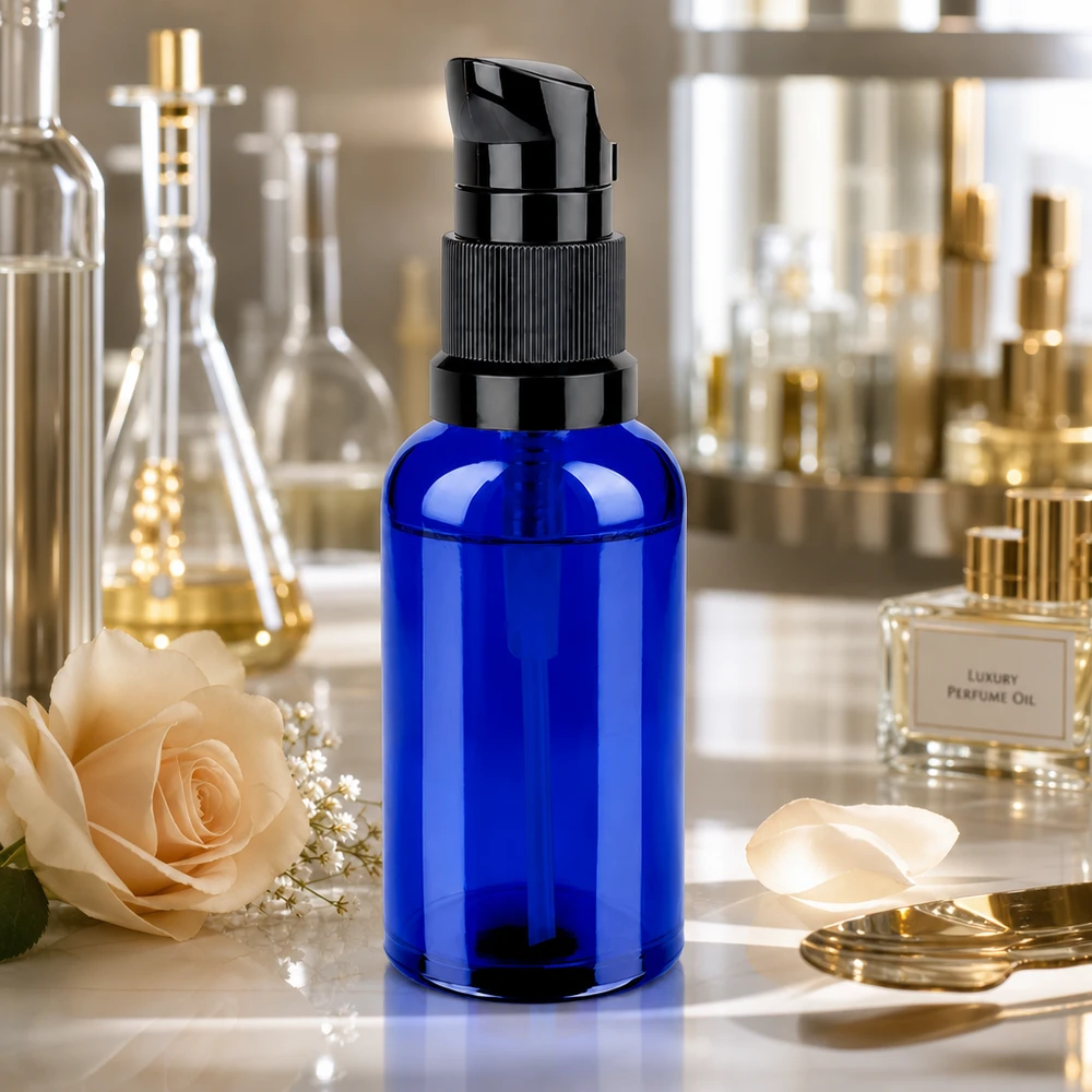 50 ml butelka z pompką czarna STD BlueLine UT18/50 Wysokiej jakości butelka z pompką 50 ml wykonana z niebieskiego szkła z czarną nakrętką STD BlueLine UT18/50