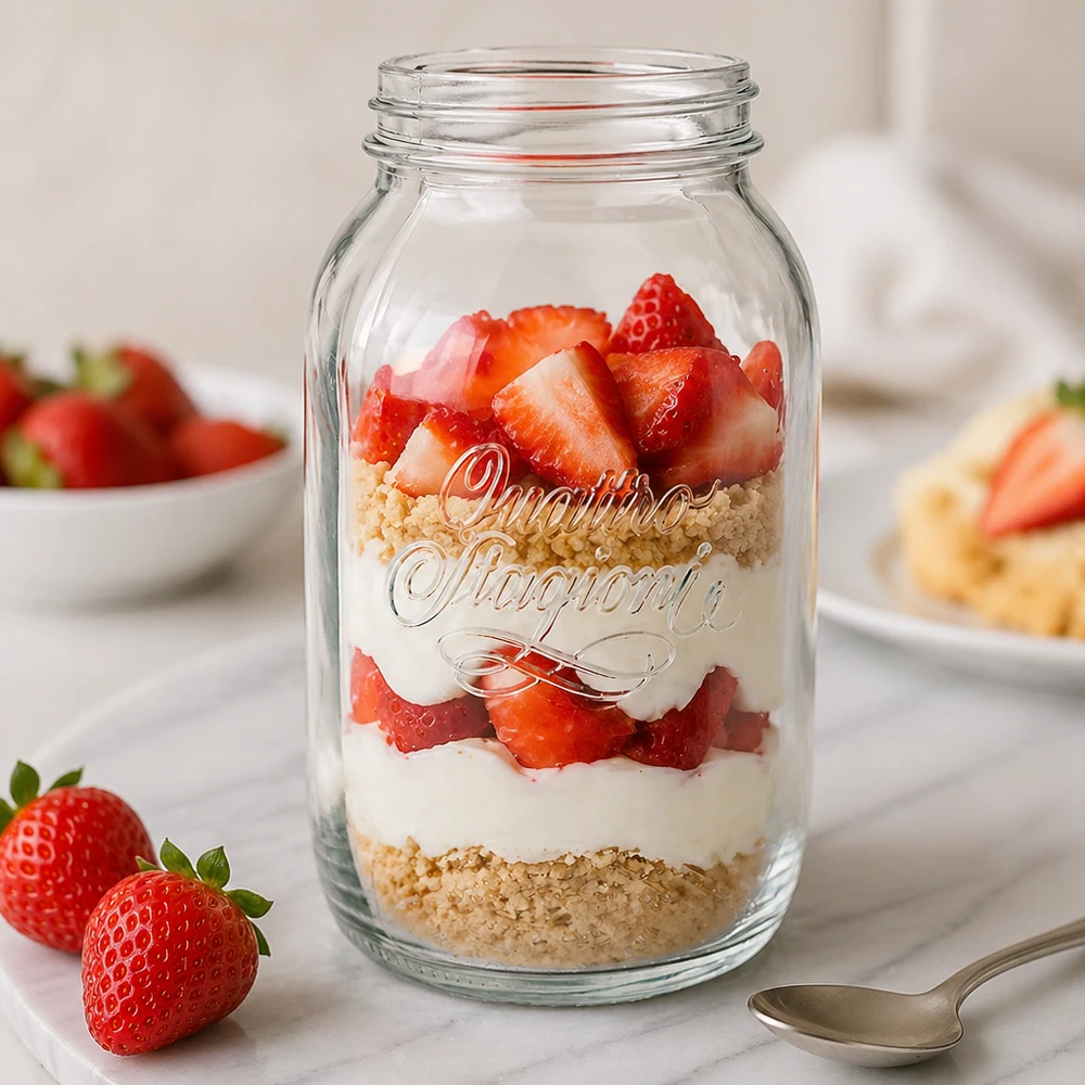 Szklanka do użytku domowego o pojemności 1500 ml "Quattro Stagioni" Quattro Stagioni 1500ml Einmachglas mit Schichtdessert aus Erdbeeren und Creme - perfekt für Meal Prep und Aufbewahrung