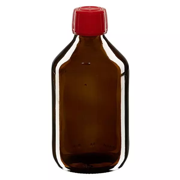 Butelka na lek 250 ml brązowa, czerwona zakrętka z pierścieniem zabezpieczającym ApoGlas. Farmaceutyczna jakość produkcji UE. Gwint 28 mm (PP28). (syrop, butelka z lekkiego szkła) Butelka na lek 250 ml brązowa, czerwona zakrętka z pierścieniem zabezpieczającym ApoGlas. Farmaceutyczna jakość produkcji UE. Gwint 28 mm (PP28). (syrop, butelka z lekkiego szkła)