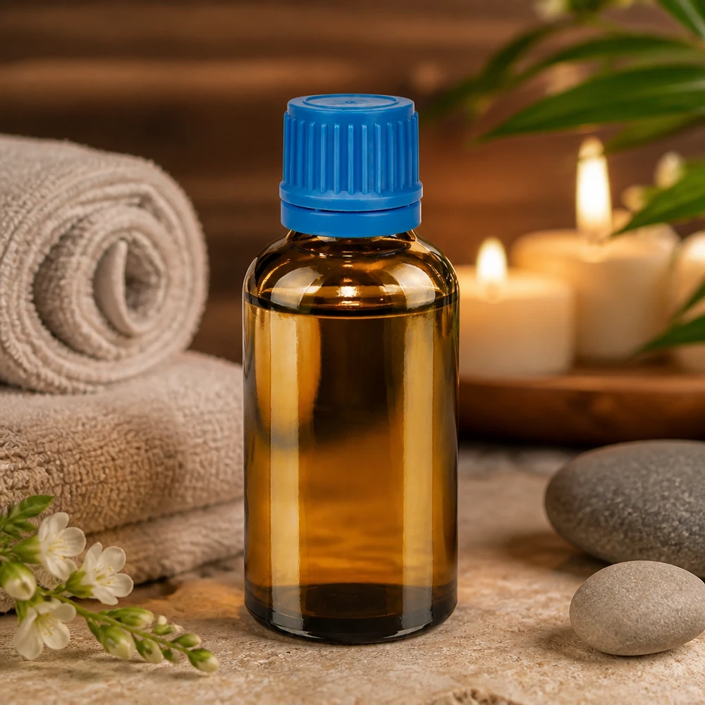 Butelka 50 ml 11 mm SV niebieski OV BrownLine UT18/50 Wysokiej jakości szklana butelka 50 ml w kolorze brązowym z niebieską nakrętką do aromaterapii i odnowy biologicznej