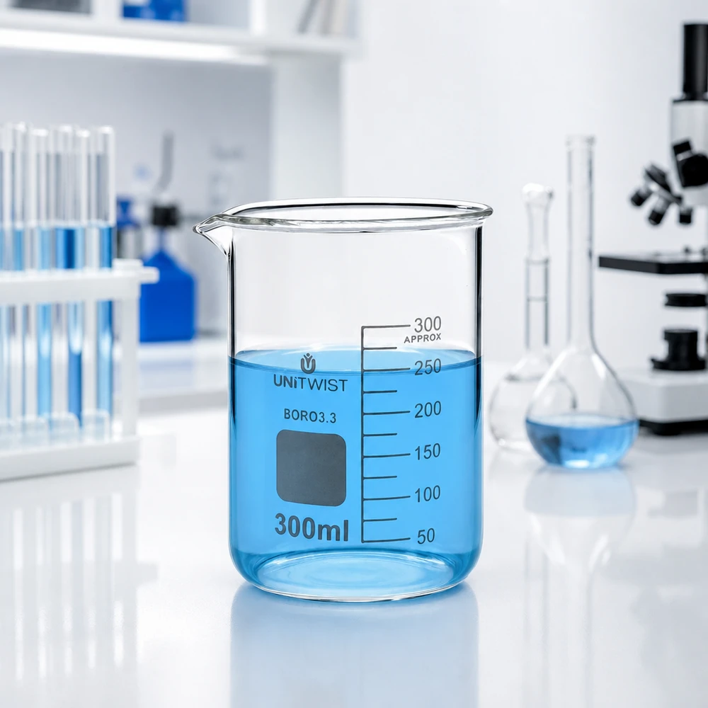 Przezroczysta zlewka laboratoryjna o pojemności 300 ml z niebieskim płynem i skalą mililitrową firmy UNiTWIST