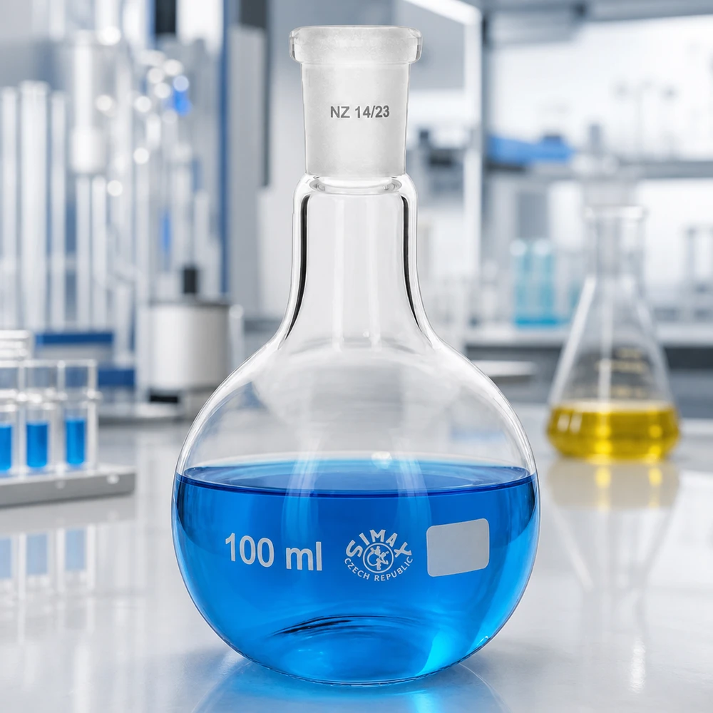 Kolba 100 ml ze standardowym szlifowanym złączem (14/23) Kolba destylacyjna 100 ml z niebieską cieczą i standaryzowaną ziemią 14/23