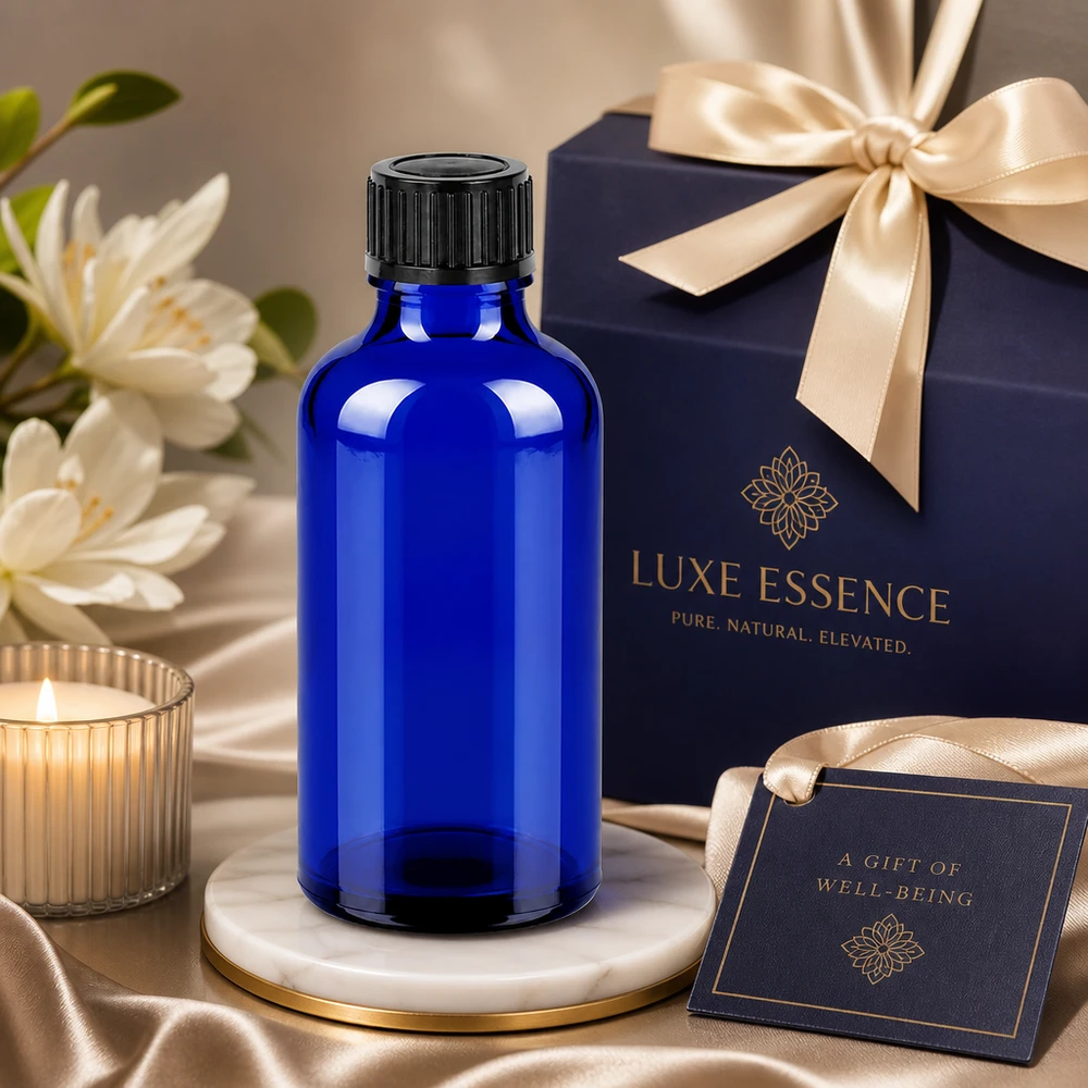 50 ml butelka 11 mm SV czarna OV BlueLine UT18/50 Mała szklana butelka 50 ml z gwintem UT18/50 i czarną nakrętką z zabezpieczeniem przed manipulacją do kosmetyków naturalnych
