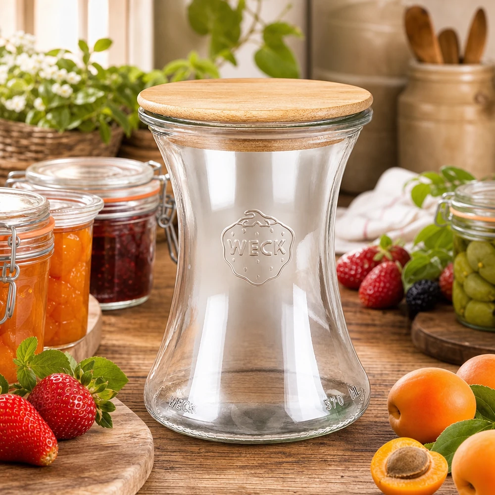 Słoik delikatesowy WECK RR80 o pojemności 370 ml z drewnianą pokrywką Słoik delikatesowy WECK RR80 o pojemności 370 ml z drewnianą pokrywką w rustykalnej kuchni otoczonej słoikami ze świeżymi owocami i dżemem