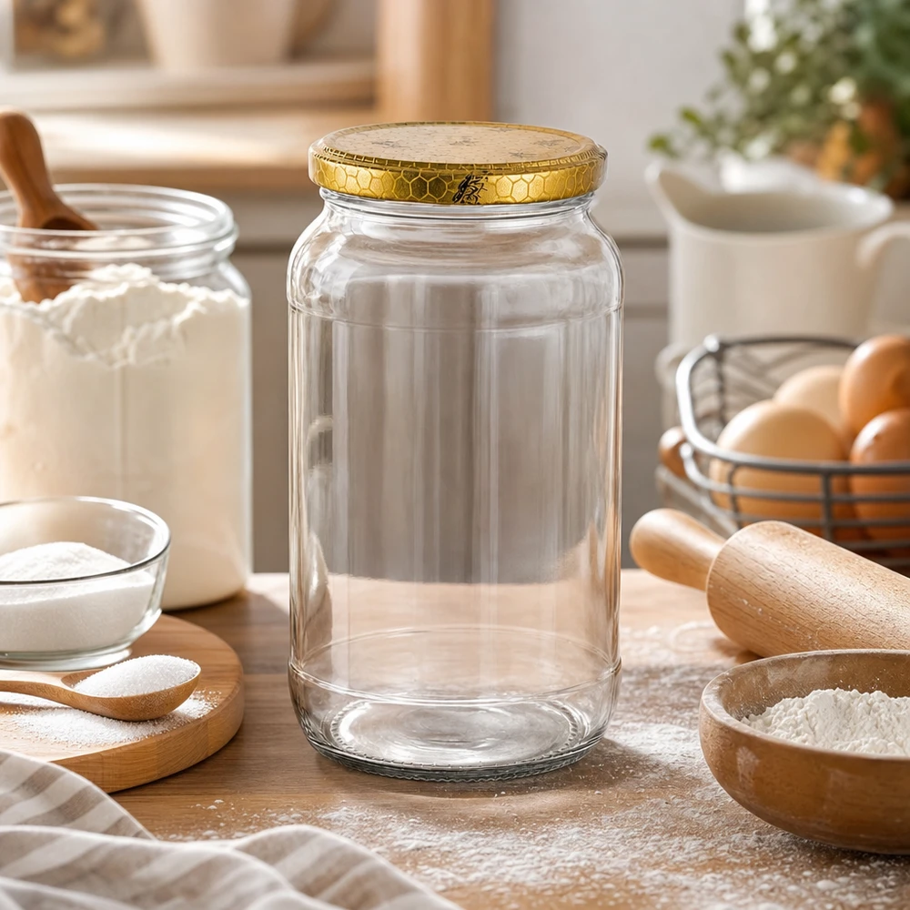 Słoik okrągły 1062 ml + pokrywka BasicSeal o strukturze plastra miodu UN.. 1062 ml okrągły szklany słoik pusty w kuchni ze składnikami do pieczenia mąka jajka wałek do ciasta złoty plaster miodu pokrywka słoik do przechowywania