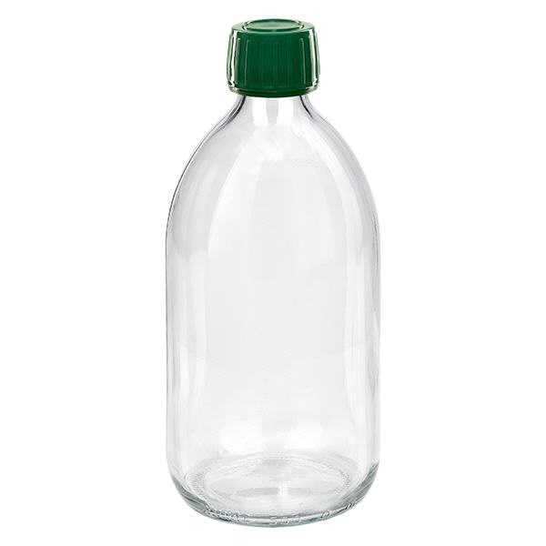 Butelka na lek 500 ml przezroczysta, zakrętka zielona z pierścieniem zabezpieczającym ApoGlas. Farmaceutyczna jakość produkcji UE. Gwint 28 mm (PP28). (syrop, butelka z lekkiego szkła) Butelka na lek 500 ml przezroczysta, zakrętka zielona z pierścieniem zabezpieczającym ApoGlas. Farmaceutyczna jakość produkcji UE. Gwint 28 mm (PP28). (syrop, butelka z lekkiego szkła)