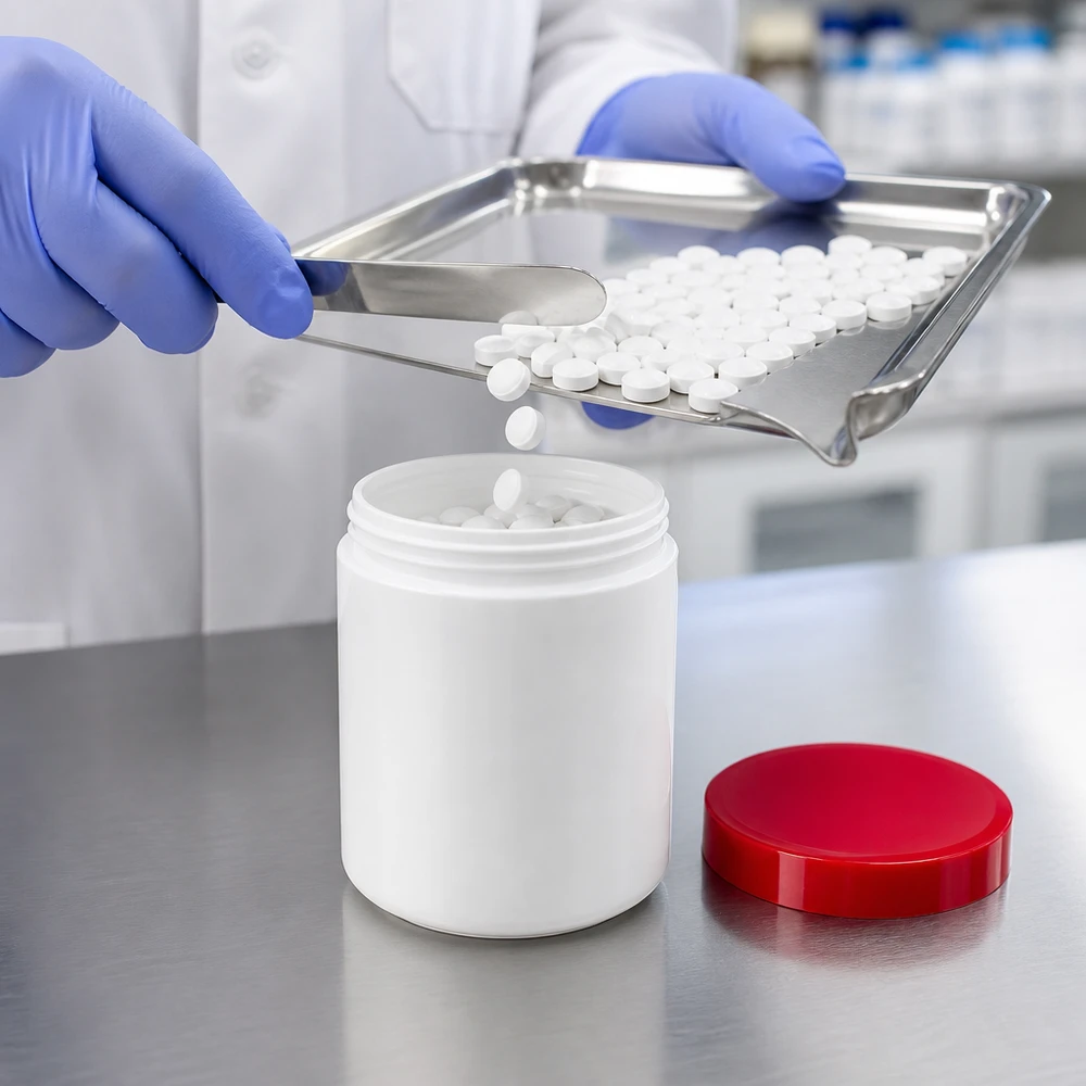 Słoik na maść 250g biały z czerwoną zakrętką (PP) Rozlewanie tabletek zgodnie z normami farmaceutycznymi do białego słoika na maść o pojemności 250 g z czerwoną zakrętką z PP