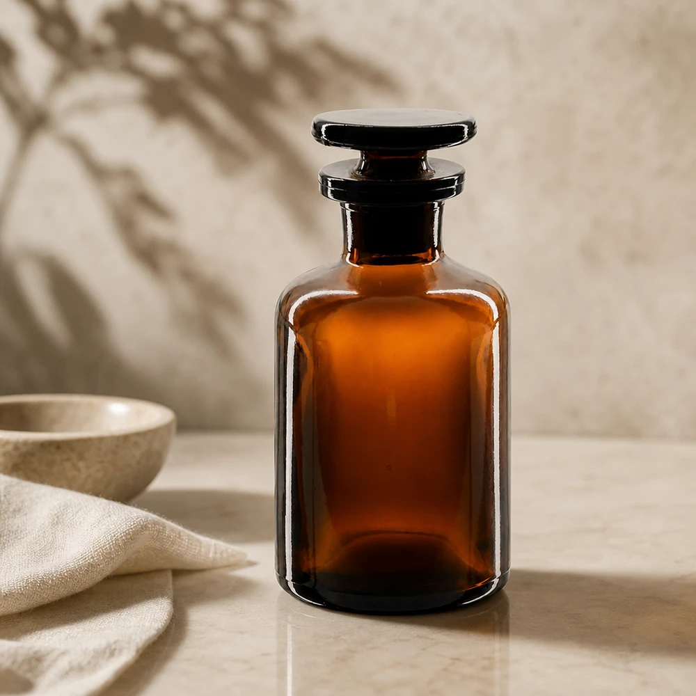 Szklana butelka w kolorze bursztynowym o pojemności 50 ml z płaskim korkiem, przeznaczona do olejków eterycznych i aromaterapii