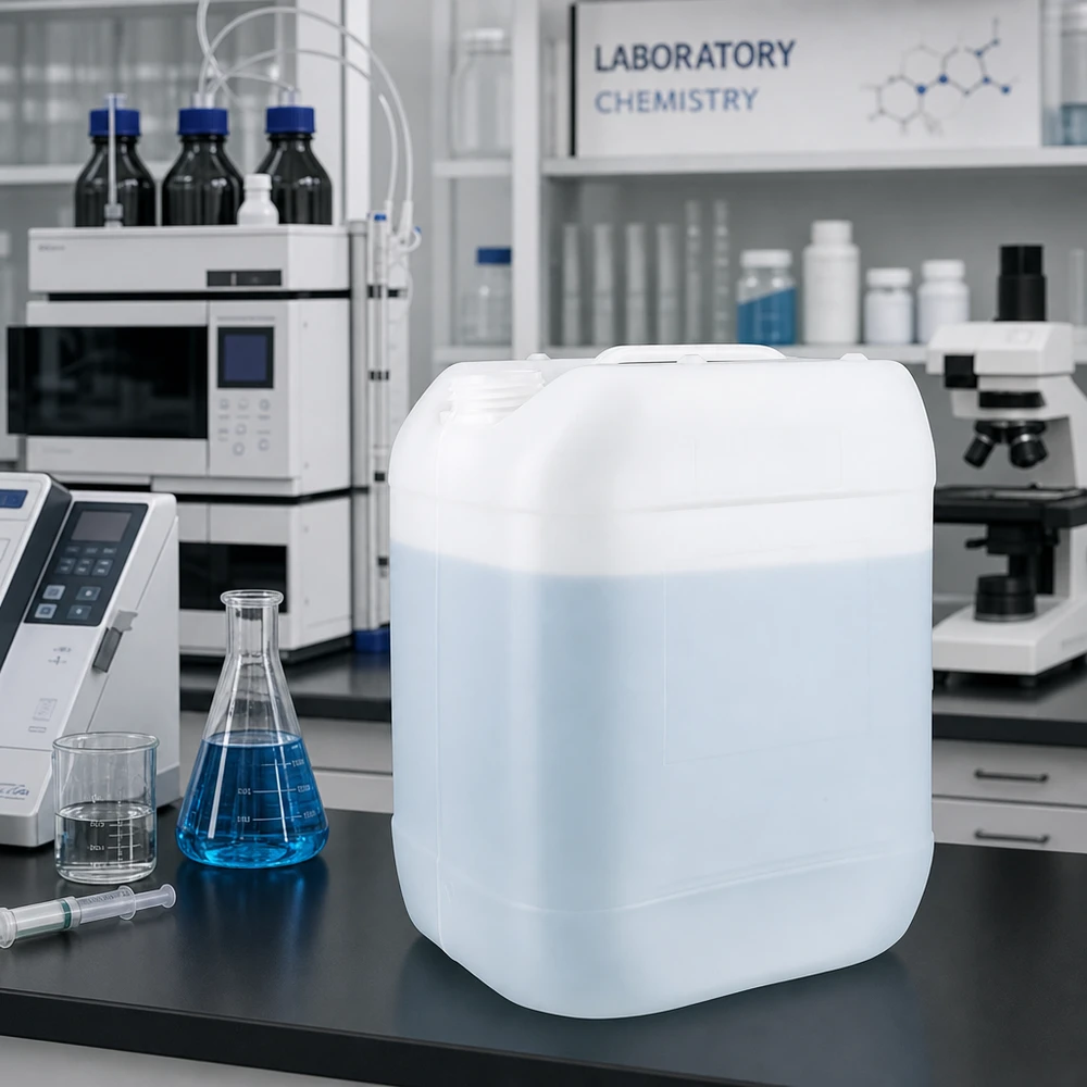 Pusty, 20-litrowy kanister z HDPE bez zamknięcia, półprzezroczysty, na stole laboratoryjnym wraz z kolbą Erlenmeyera