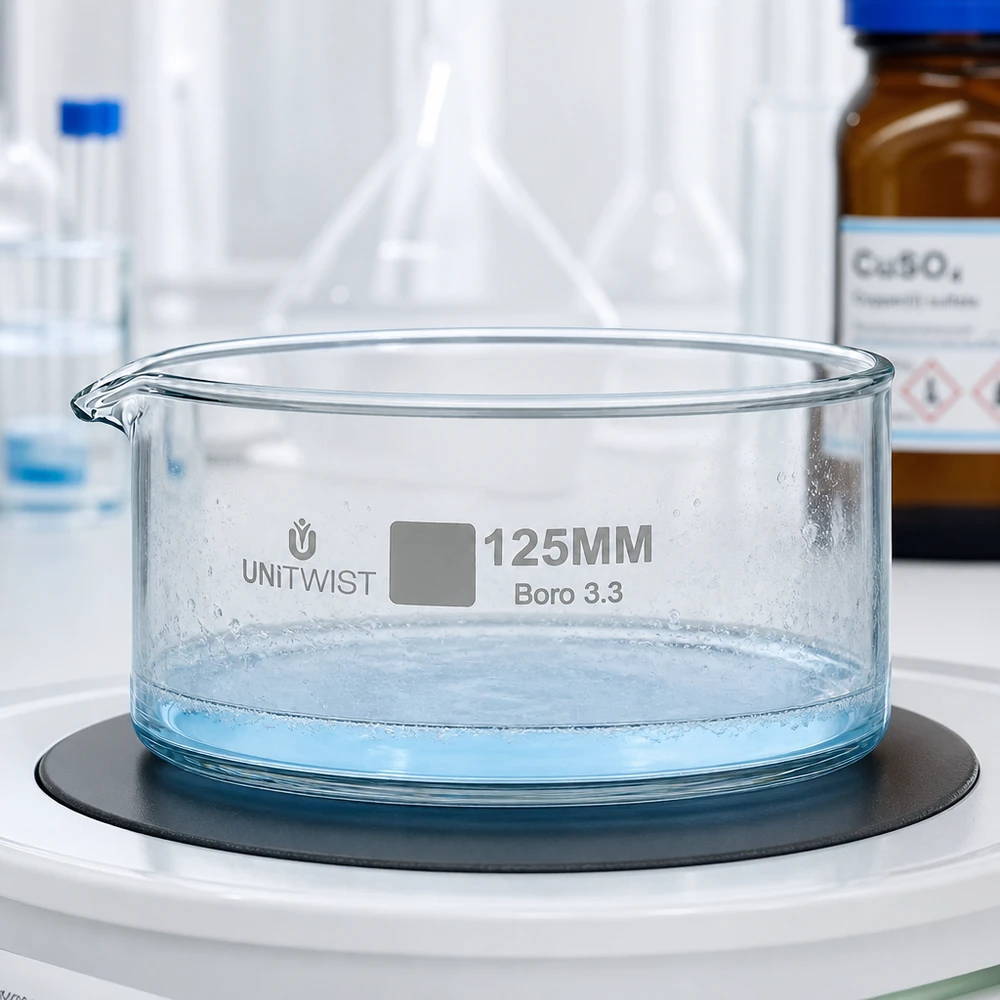 Miska krystalizacyjna 125 mm UNiTWIST na wadze laboratoryjnej z jasnoniebieskim roztworem i widocznymi pęcherzykami powietrza