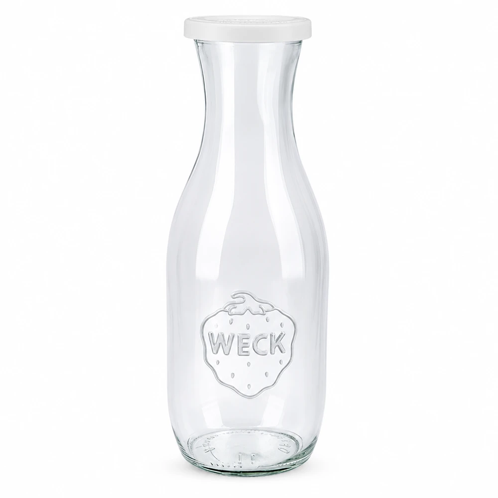 Butelka na sok WECK 1062 ml wykonana ze szkła z białą pokrywką i logo WECK do soków i napojów