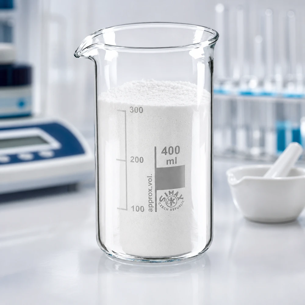 Szklana zlewka o pojemności 400 ml i wysokim kształcie, wypełniona białym proszkiem, stojąca w laboratorium obok moździerza i tłuczka