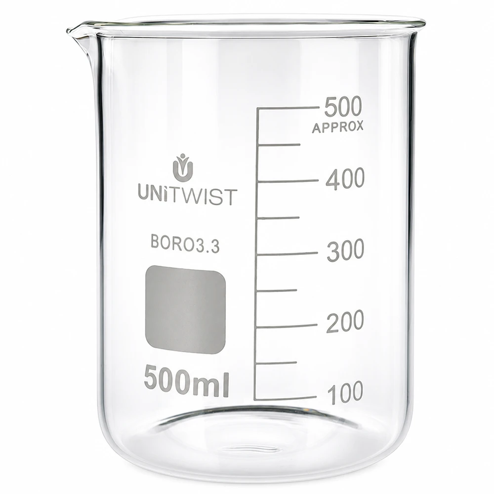 Szklana zlewka o pojemności 500 ml, wykonana ze szkła borokrzemowego, o niskim kształcie, marki UNiTWIST, z podziałką mililitrową