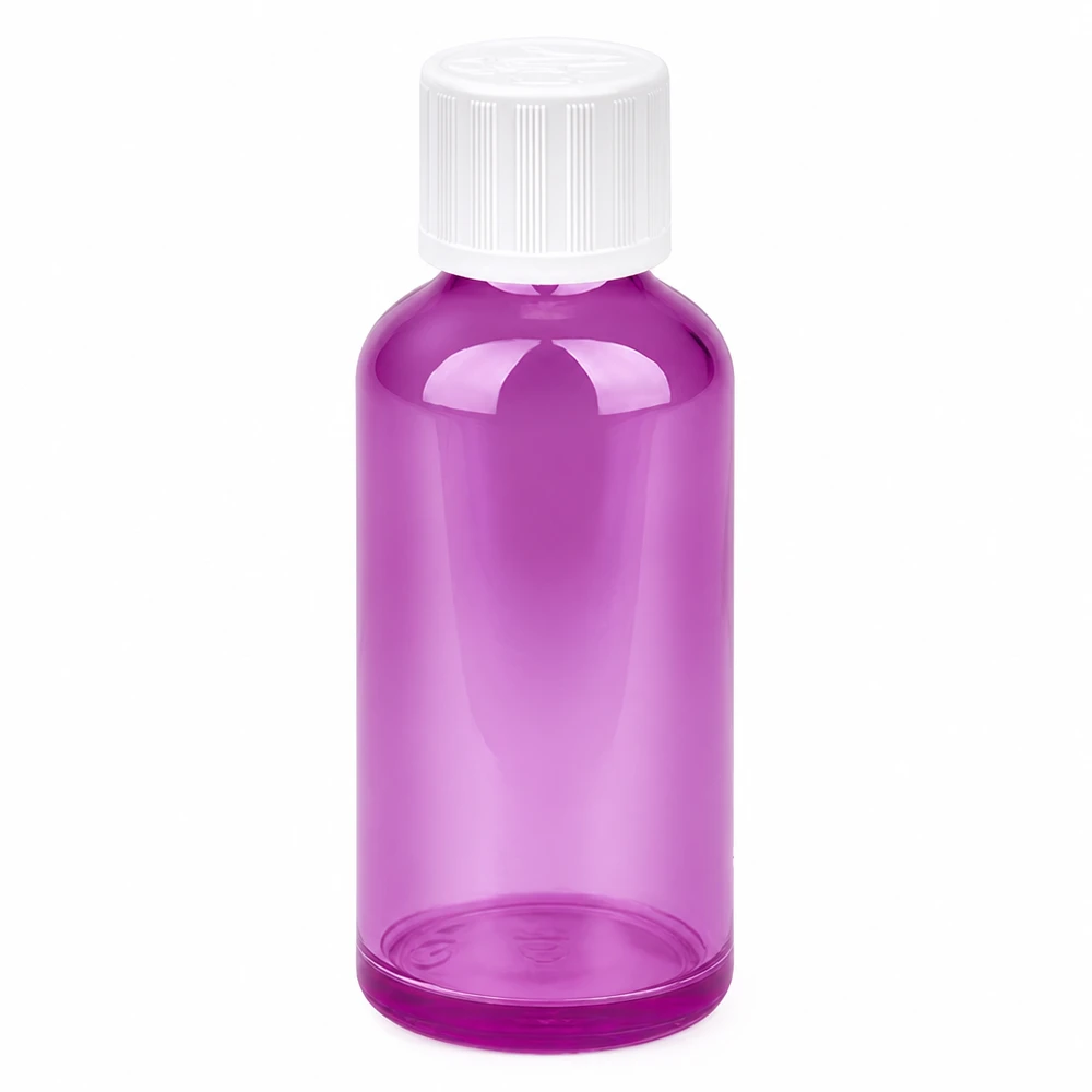 Butelka 50 ml z zakrętką 11 mm, biała, standardowa, zabezpieczona przed dziećmi PurpleLine UT18/50 50 ml szklana butelka w kolorze fioletowym z białą zakrętką do kosmetyków i farmaceutyków