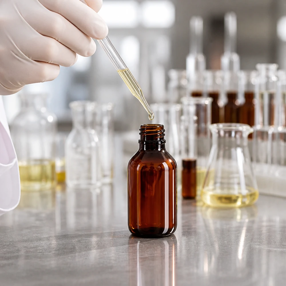 Butelka PET 50ml z pompką dozującą czarna W profesjonalnym laboratorium pipetą napełnia się bursztynową butelkę PET o pojemności 50 ml żółtym olejem