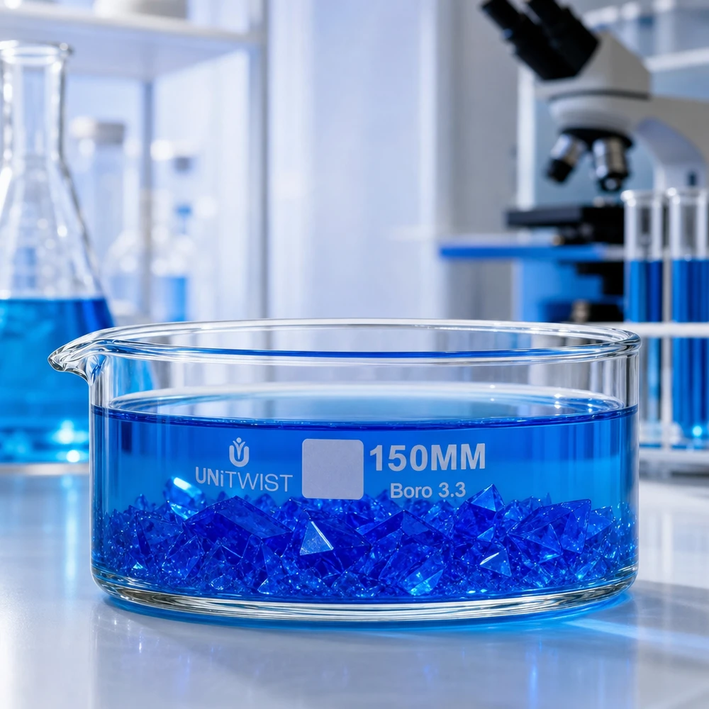 Miska do krystalizacji UNiTWIST 150 mm z niebieskimi kryształkami w roztworze – eksperyment laboratoryjny