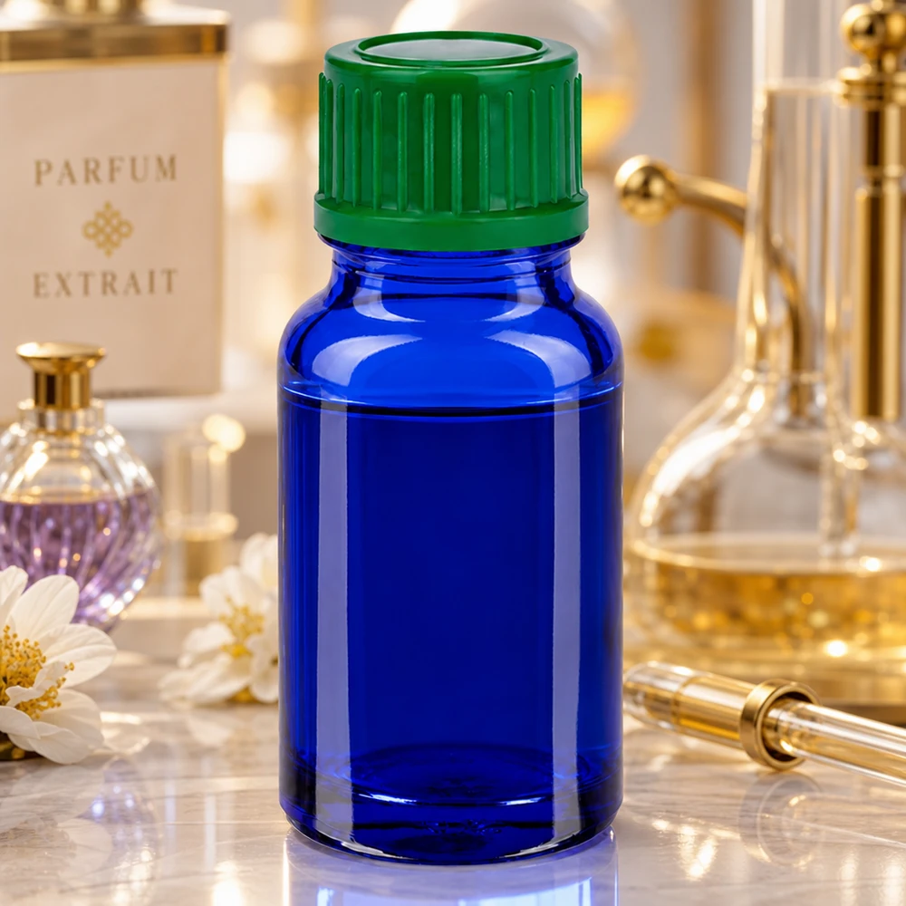10 ml kobaltowo-niebieska szklana butelka z zieloną zakrętką STD BlueLine UT18/10 do perfum i ekstraktów