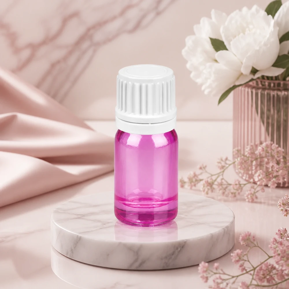 Butelka z zakraplaczem o pojemności 5 ml z białą zakrętką i fioletowym szkłem do zastosowań w aromaterapii
