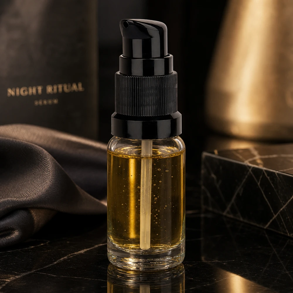 Przezroczysta butelka z pompką o pojemności 10 ml z czarnym zamknięciem, wypełniona złotym serum na noc