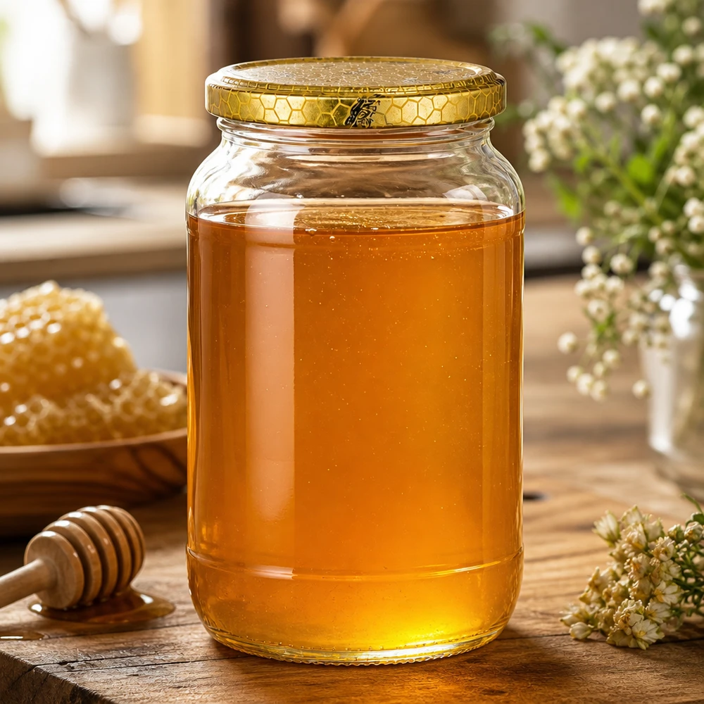 Słoik okrągły 1062 ml + pokrywka BasicSeal o strukturze plastra miodu UN.. 1062ml Rundglas mit goldenem Bienenwabe-Deckel gefüllt mit Honig neben Waben und Honiglöffel natürliche Küchendeko