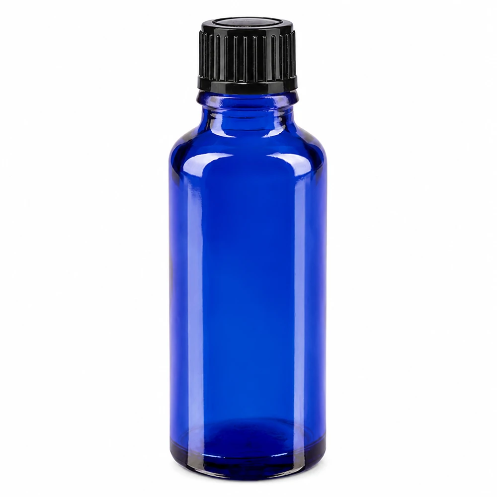 Butelka apteczna niebieska 30ml drip v. 1mm czarny szt Niebieska szklana buteleczka o pojemności 30 ml z czarnym zakraplaczem, wykonana z wysokiej jakości szkła aptecznego STD