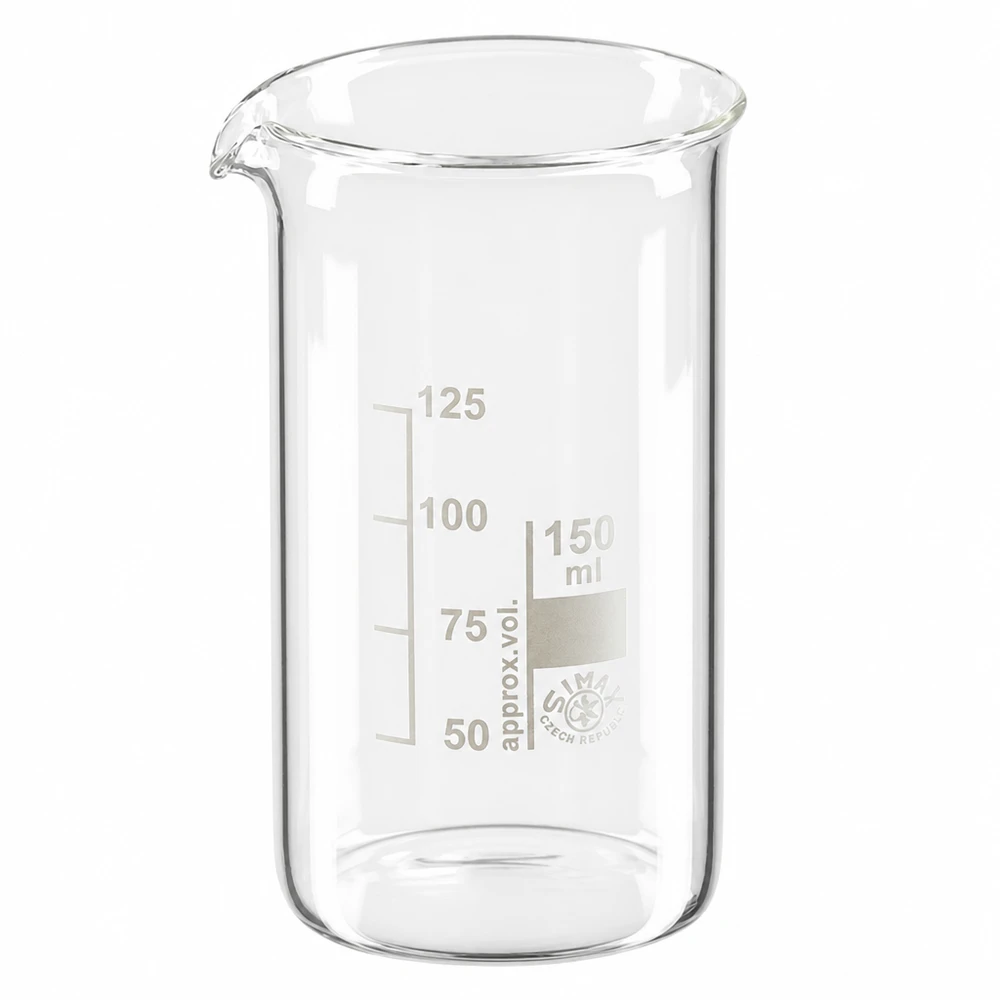 Szklanka o pojemności 150 ml, wysoka, wykonana ze szkła borokrzemowego, z podziałką mililitrową i wylewką