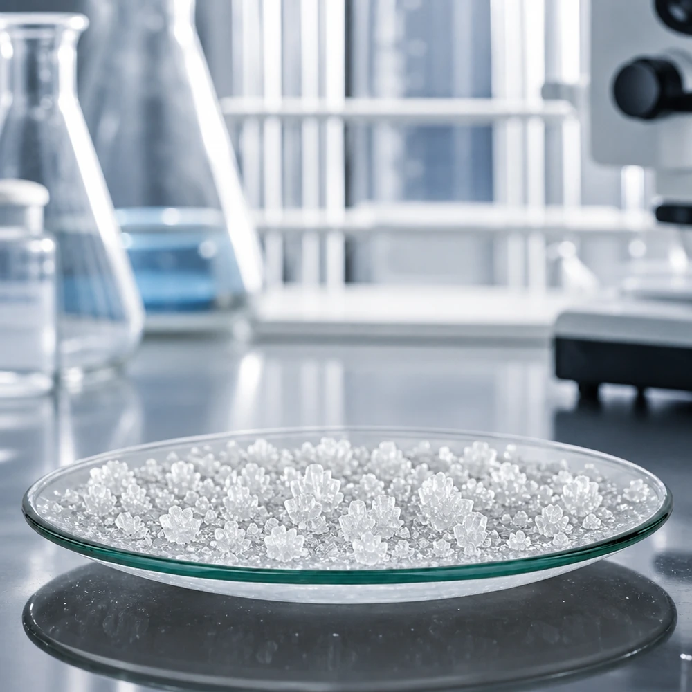 Okrągła szklana miska zegarkowa 100 mm z białymi kryształami na czarnej powierzchni w laboratorium