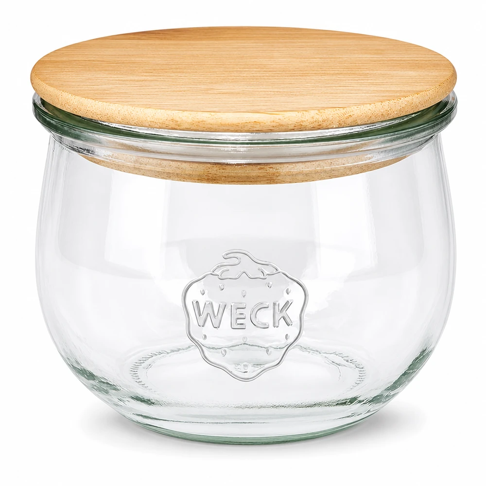 Słoik tulipanowy WECK RR100 o pojemności 580 ml z drewnianą pokrywką WECK słoik tulipan 580ml RR100 z naturalną drewnianą pokrywką - przezroczysty szklany słoik do przechowywania z logo WECK