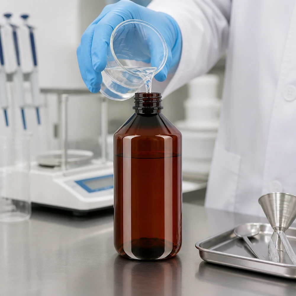 Laborant napełnia brązową butelkę PET o pojemności 750 ml z białym nakrętką przezroczystym płynem z zlewki