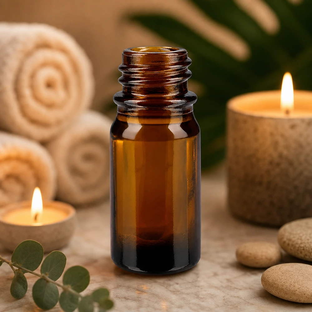 5 ml brązowa butelka apteczna ApoGlas z kamieniami eukaliptusowymi i płonącymi świecami do relaksującej aromaterapii