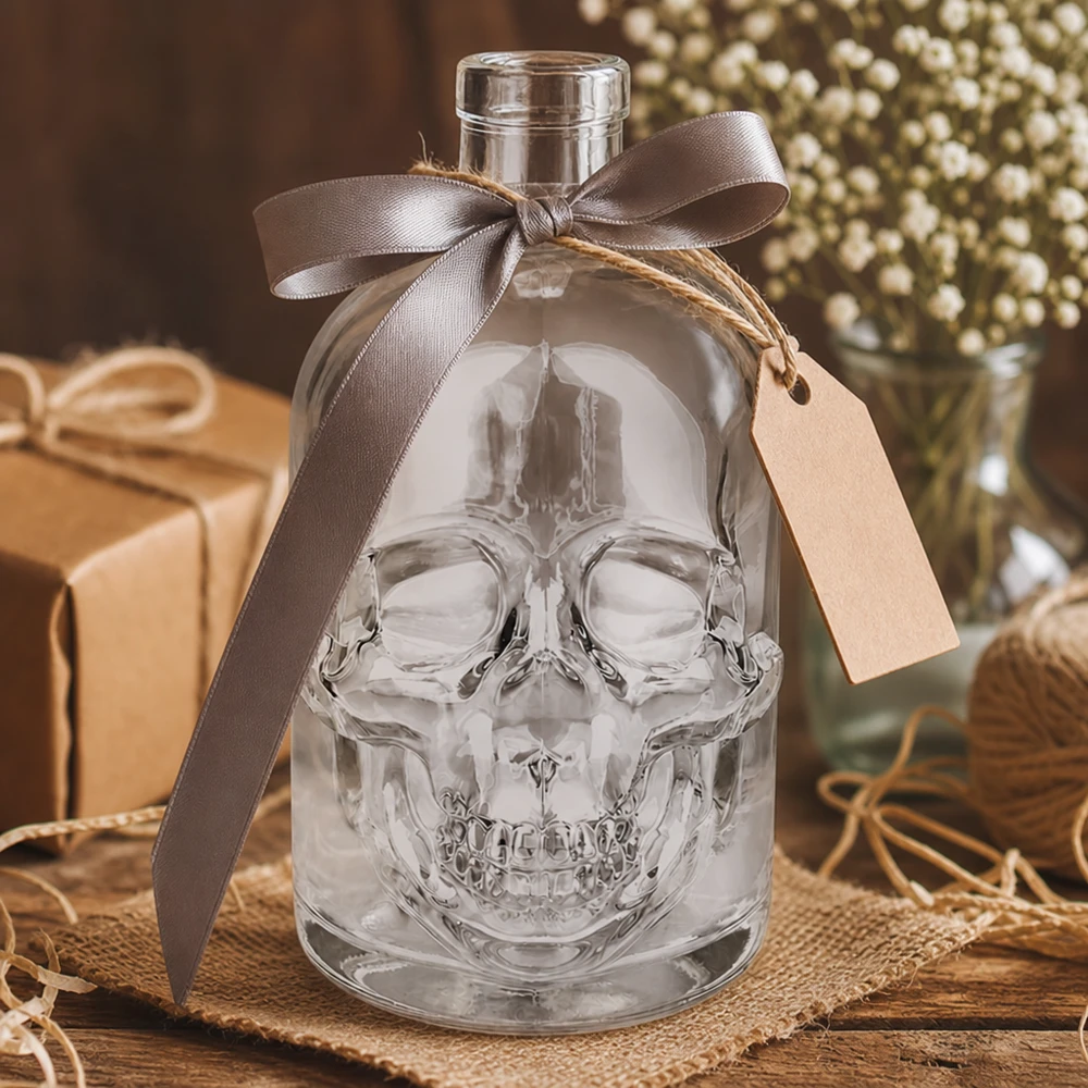 Szklana butelka Jack o pojemności 500 ml z wytłoczoną czaszką jako pomysł na prezent ozdobiona kokardą i zawieszką UNiTWIST bez zakrętki.