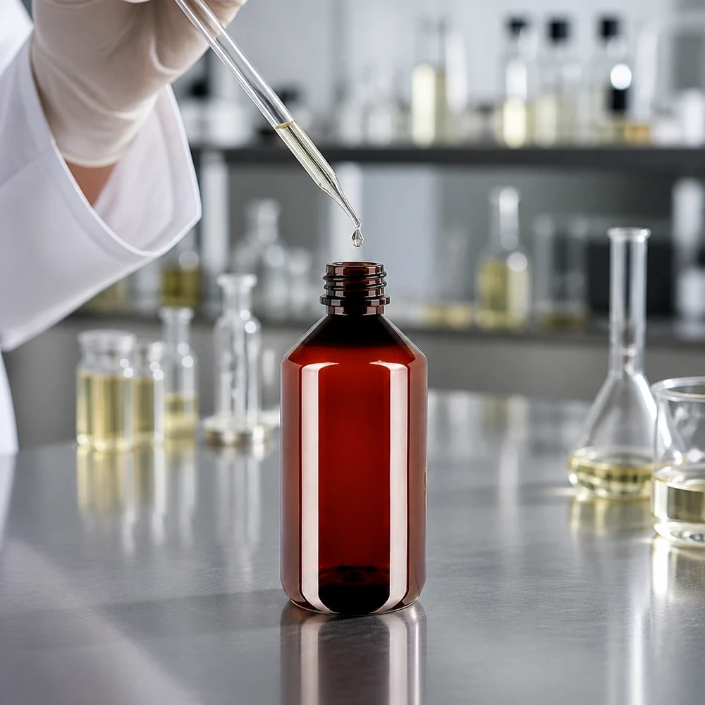 Technik laboratoryjny napełnia w laboratorium pipetą bursztynową butelkę PET o pojemności 750 ml