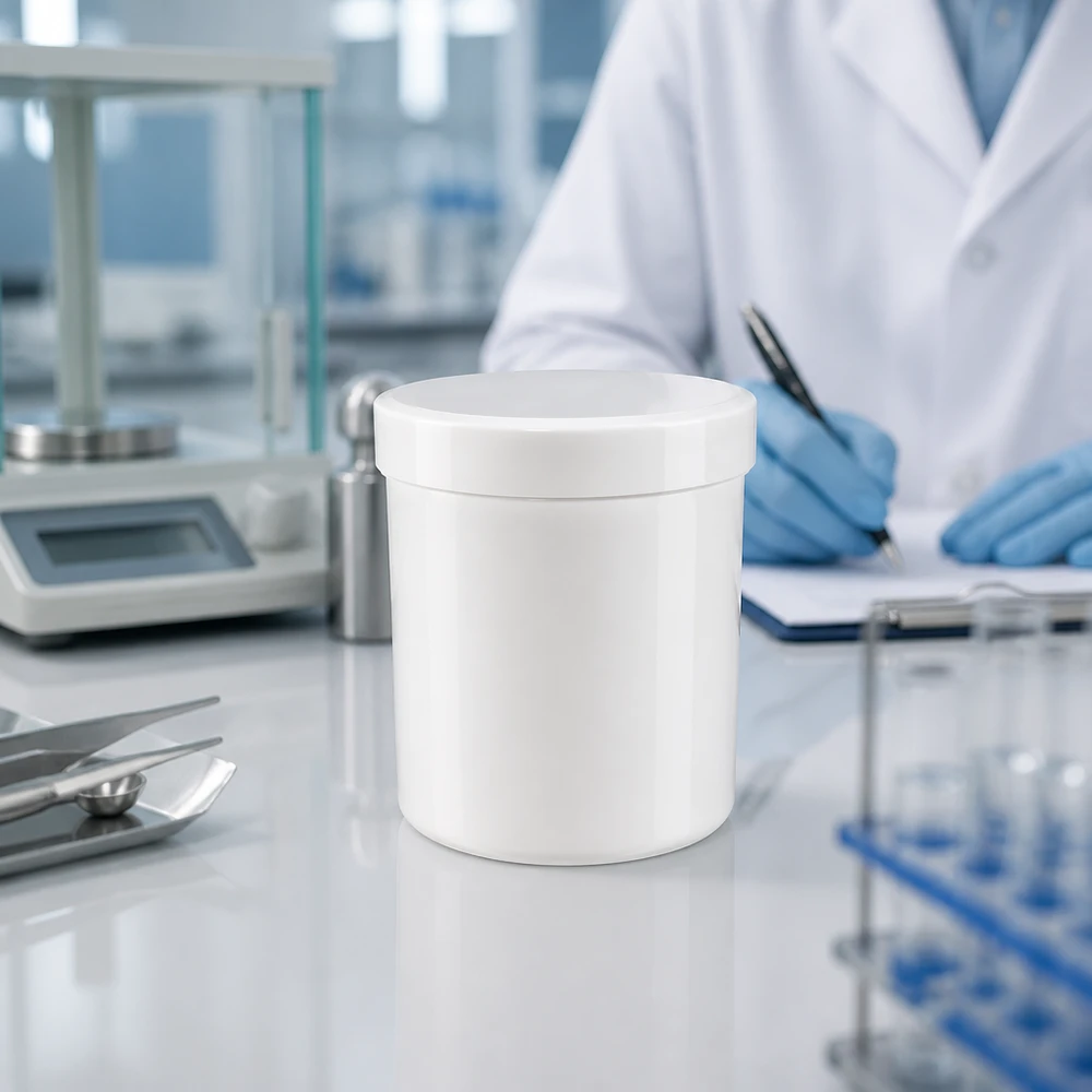 Pusty, biały słoik na maść o pojemności 75 g, wykonany z PP, z zakrętką, na białym blacie laboratoryjnym