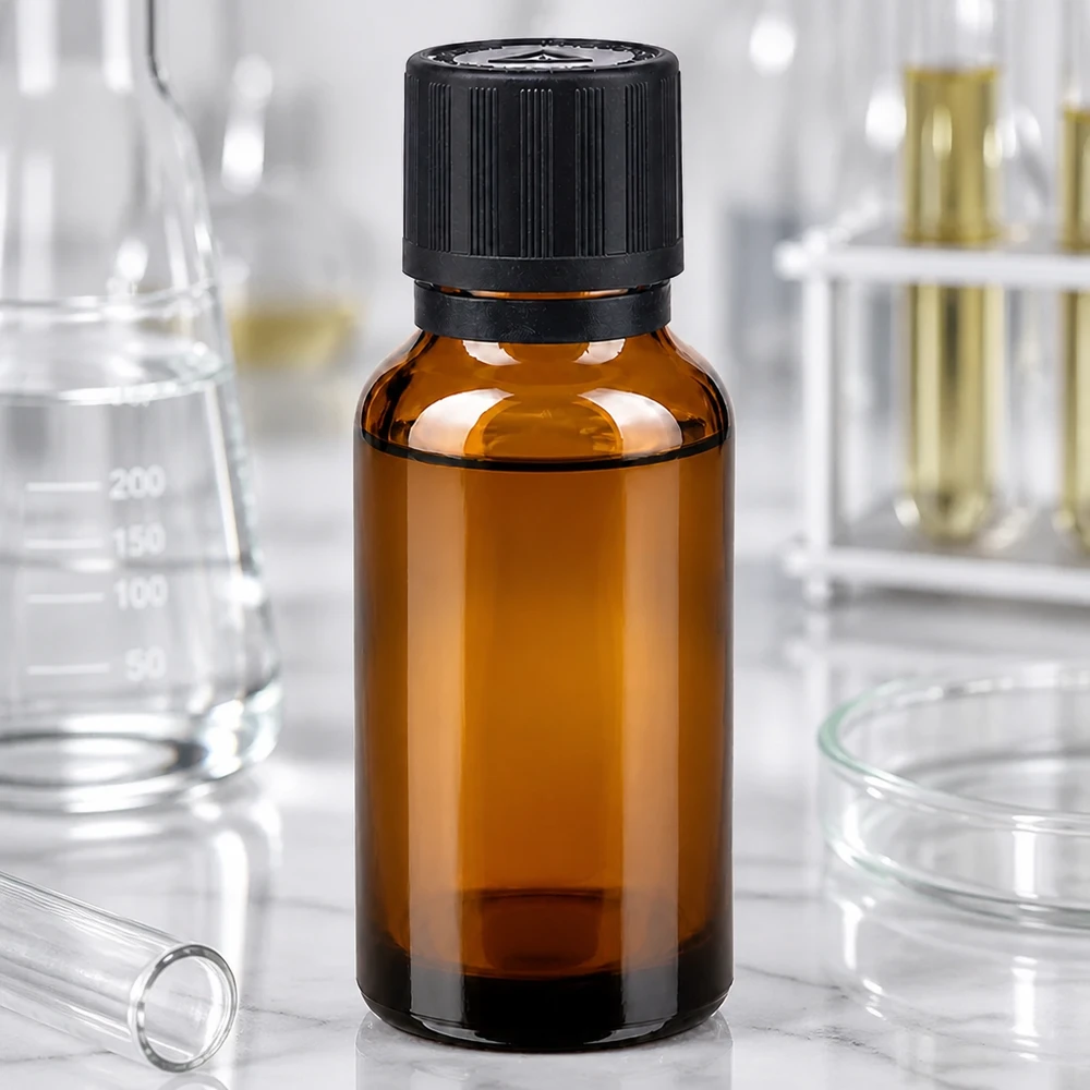 Butelka z kroplomierzem o pojemności 20 ml z brązowego szkła z czarną zakrętką oraz sprzęt laboratoryjny w tle