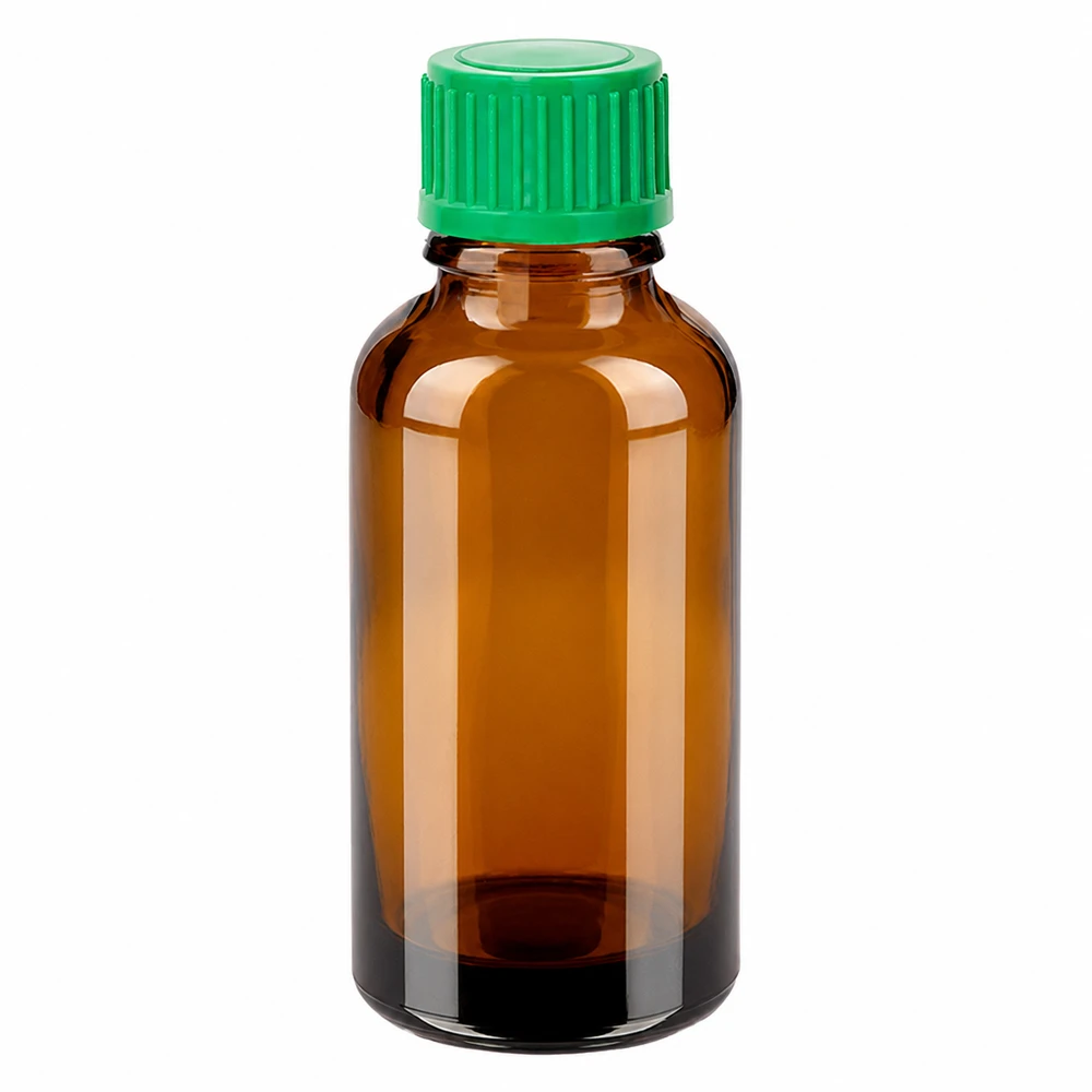 30 ml butelka z zakraplaczem 0,8 mm zielona STD BrownLine UT18/30 30 ml butelka z zakraplaczem z bursztynowego szkła z zieloną nasadką do precyzyjnego dozowania