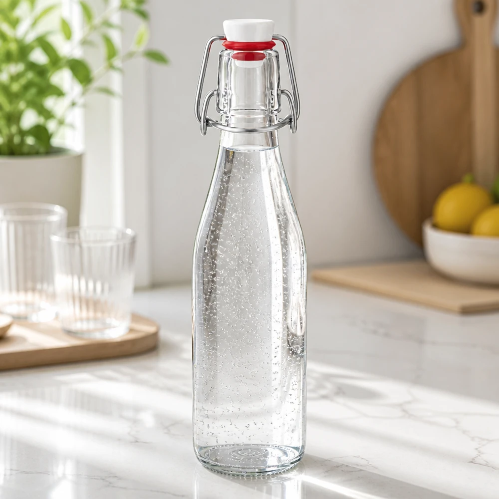 Szklana butelka o pojemności 250 ml wypełniona wodą mineralną, nowoczesny marmurowy blat kuchenny ze szklankami