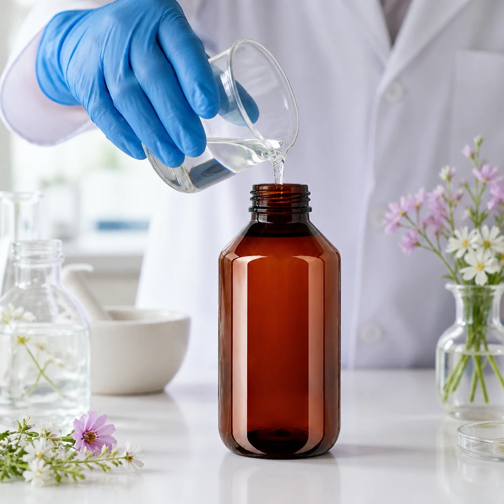 Brązowa butelka PET z ochroną przed światłem, pojemność 100 ml, odporna na promieniowanie UV, z niebieskim zamknięciem zabezpieczającym