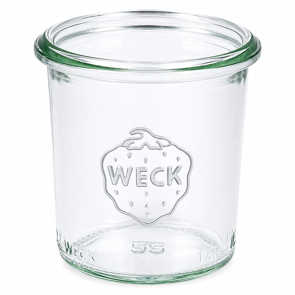 Słoik na przetwory WECK RR60 o pojemności 140 ml wykonany z przezroczystego szkła z logo WECK i zielonym pierścieniem uszczelniającym.