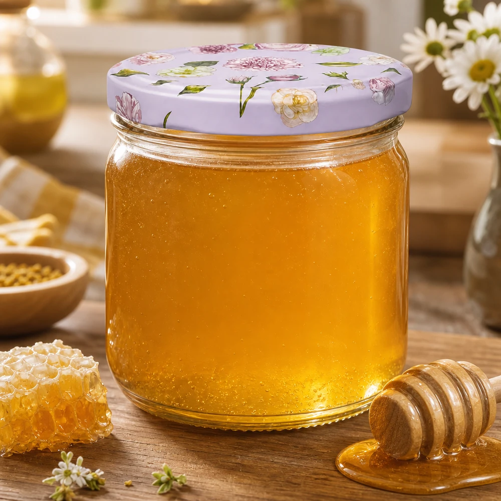 425 ml okrągłe szkło + BasicSeal pokrywka kwiat różowa UN.. Okrągły słoik o pojemności 425 ml z pokrywką w różowe kwiaty wypełniony złocistożółtym miodem i drewnianą łyżką miodu na rustykalnym drewnianym stole