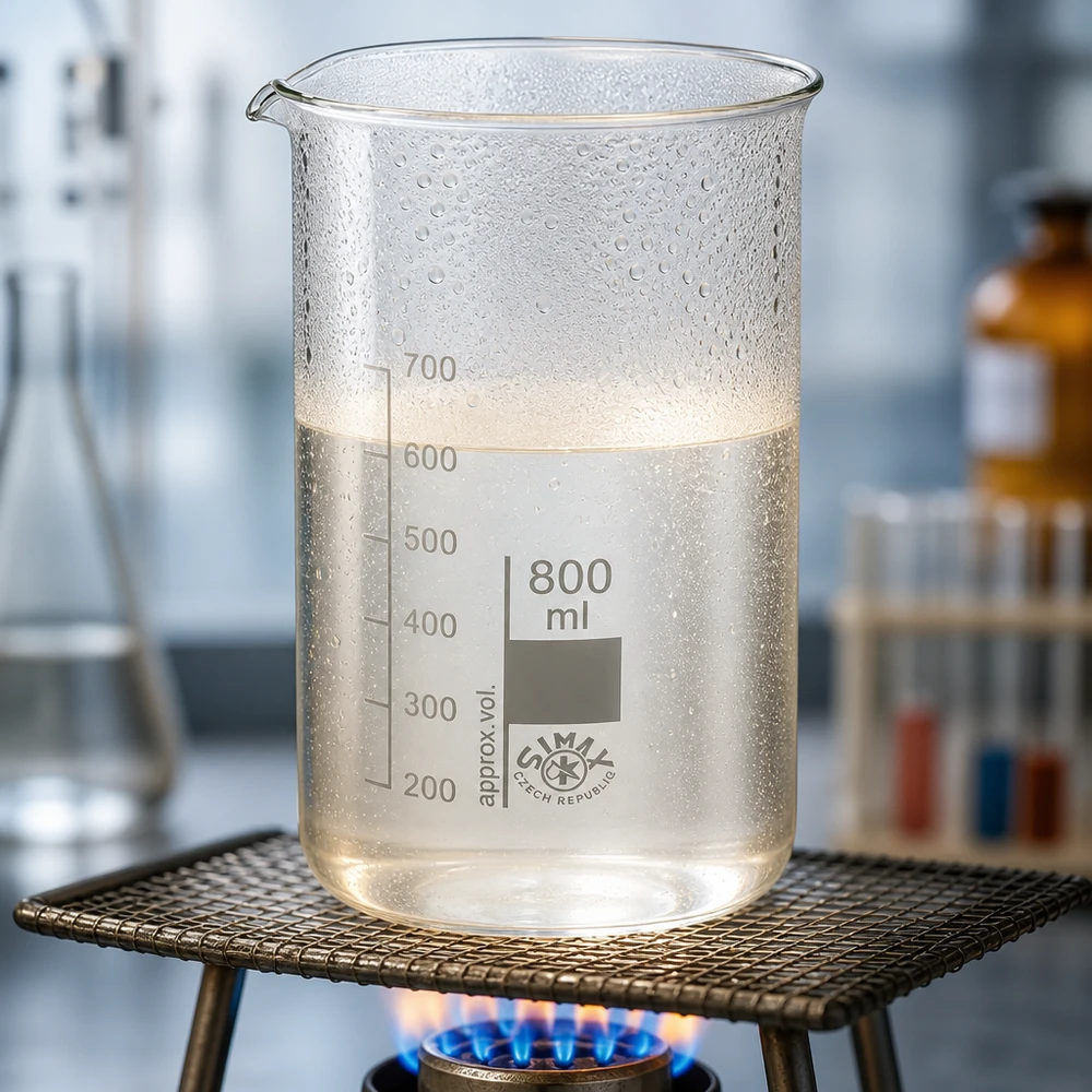 Szklana zlewka o pojemności 800 ml i wysokim kształcie, podgrzewana na palniku Bunsena, zawierająca przezroczysty płyn do poziomu 650 ml