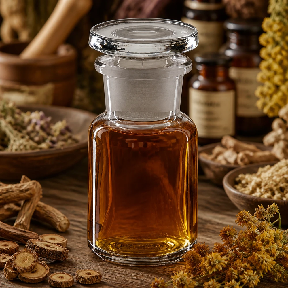 Okrągła butelka na ramię 50 ml z przezroczystym szklanym korkiem z szeroką szyjką Przezroczysta butelka o pojemności 50 ml z szeroką szyjką i szklanym korkiem, stojąca wśród ziół leczniczych i korzeni na drewnianym stole