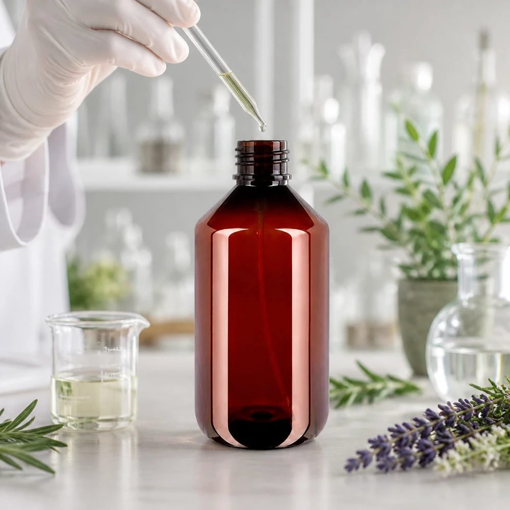 Butelka PET 500ml z atomizerem czarna Leere 500ml PET Flasche braun mit schwarzem Pumpzerstäuber für Kosmetikherstellung
