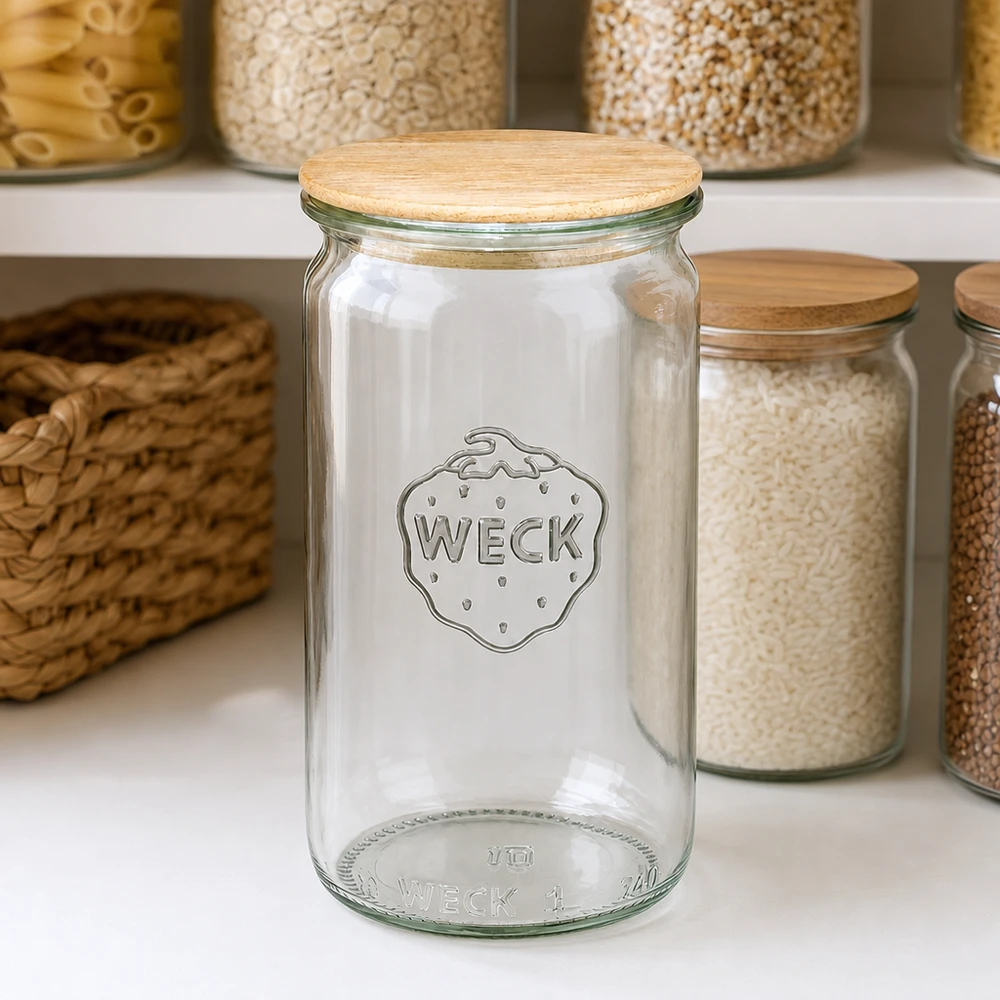340 ml słoik cylindryczny WECK RR60 z drewnianą pokrywką Słoik cylindryczny WECK 340ml RR60 pusty z drewnianą pokrywką w zorganizowanej kuchni do przechowywania między napełnionymi słoikami do przechowywania