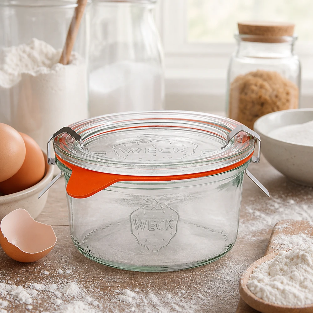 Słoik kuchenny WECK 165ml RR80 ze składnikami do pieczenia, jajkami, mąką i mlekiem do domowych przepisów