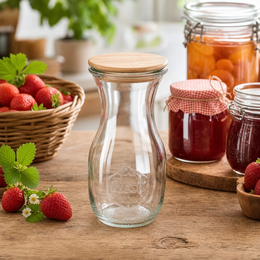 Butelka na sok WECK 290 ml z drewnianą pokrywką w naturalnej kuchennej scenerii z truskawkami i słoikami dżemu