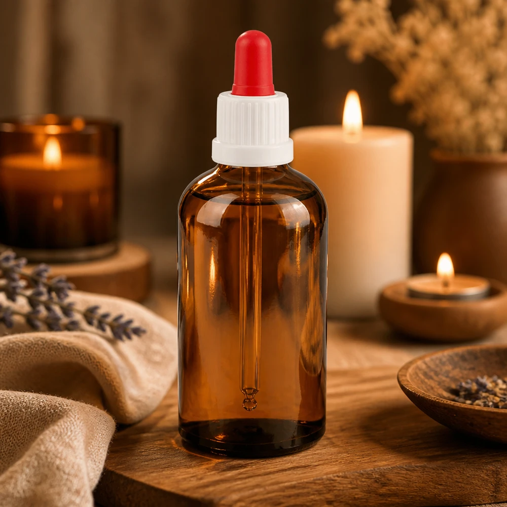 Butelka do leków płynnych 100 ml biała/czerwona OV BrownLine UT18/100 Butelka farmaceutyczna 100 ml z pipetą z klasycznego bursztynowego szkła do bezpiecznego przechowywania