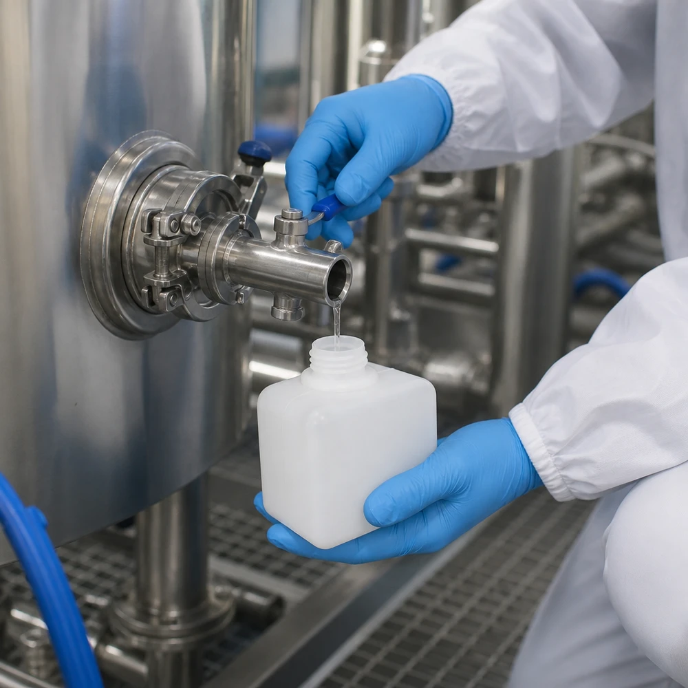 Butelka na chemikalia 500ml, wąska szyjka wykonana z PE-HD, kolor naturalny, GL 32 Technik pobiera próbkę procesową z butelki na chemikalia z PE-HD o pojemności 500 ml i gwintem GL32, umieszczonej w zbiorniku przemysłowym