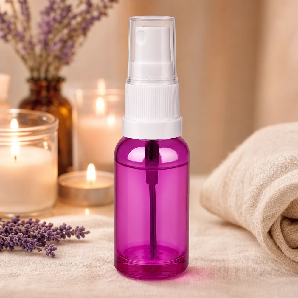 Butelka z rozpylaczem 20 ml biała/przezroczysta Standard PurpleLine UT18/20 Kompaktowa butelka z rozpylaczem o pojemności 20 ml wykonana z wytrzymałego tworzywa sztucznego w kolorze fioletowym i przezroczystym do codziennego użytku