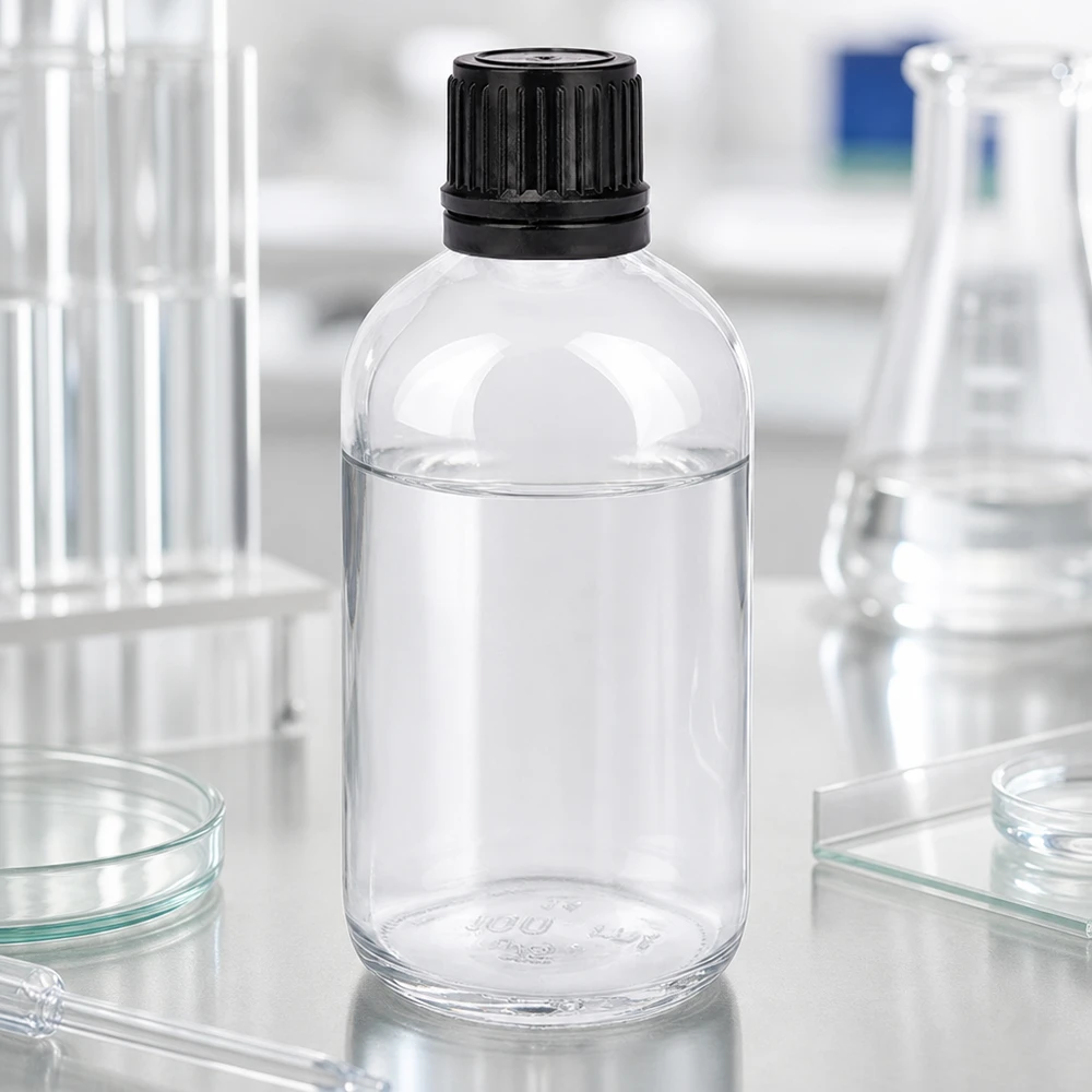 Zdjęcie laboratoryjne 100-mililitrowej butelki z przezroczystego szkła z czarną zakrętką, otoczonej sprzętem laboratoryjnym