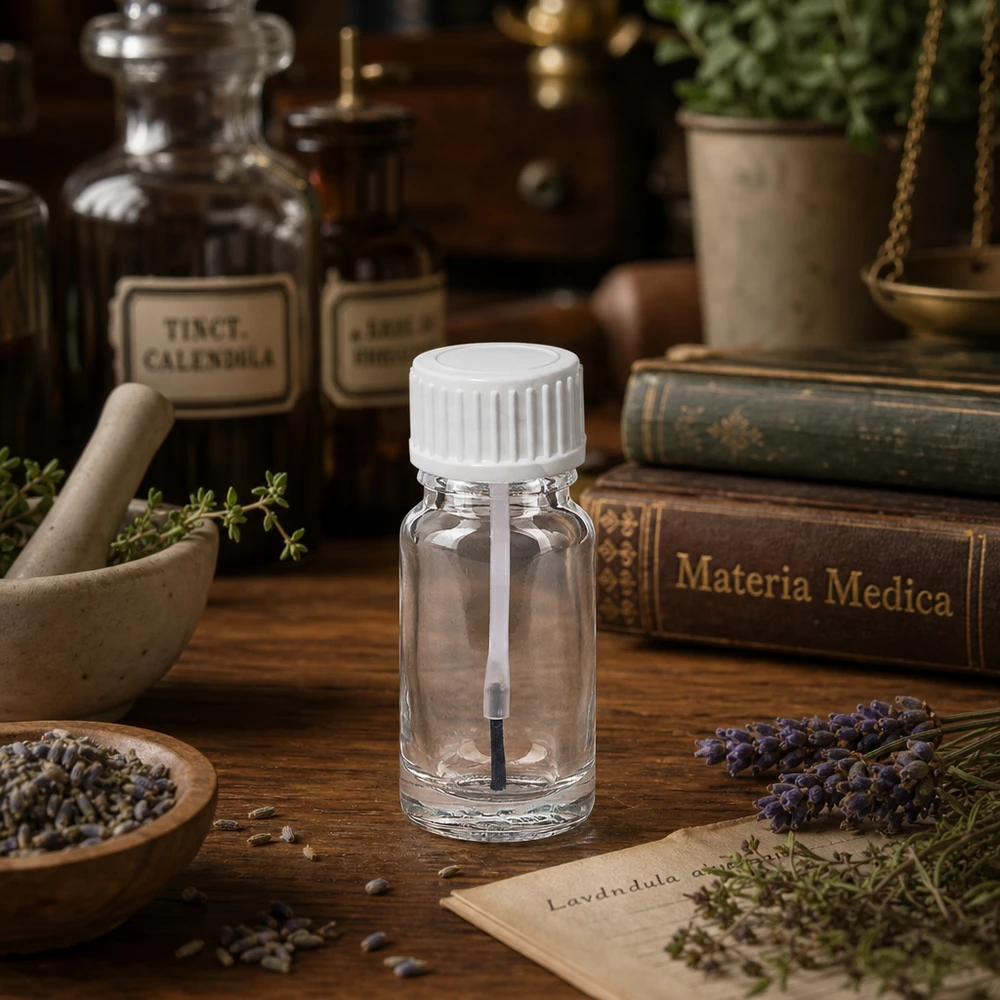 Butelka z pędzelkiem 10 ml biała STD ClearLine UT18/10 Mała szklana buteleczka o pojemności 10 ml z aplikatorem pędzelkowym w typowym aptekarskim otoczeniu z lawendą i materia medica